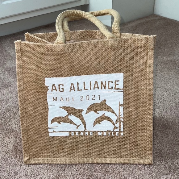 Custom Crest Handbags - NEW! AG Alliance Maui 2021 Grand Wailea Burlap Tote, Tropical Dolphins 12x12x7.7